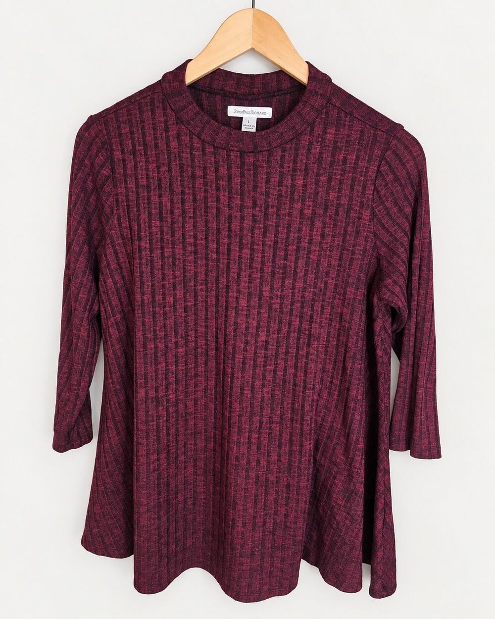 John Paul Richard Womens L Burgundy Ribbed Knit 3/4 Sleeve Tunic Top